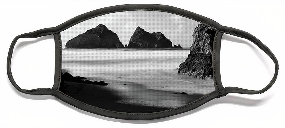 Cornwall Face Mask featuring the photograph Holywell Beach and Gull Rock Cornwall Coast black and white by Sonny Ryse