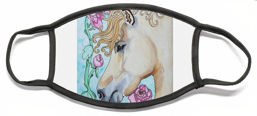 Watercolor Painting Face Mask featuring the painting Horse and Roses by Equus Artisan