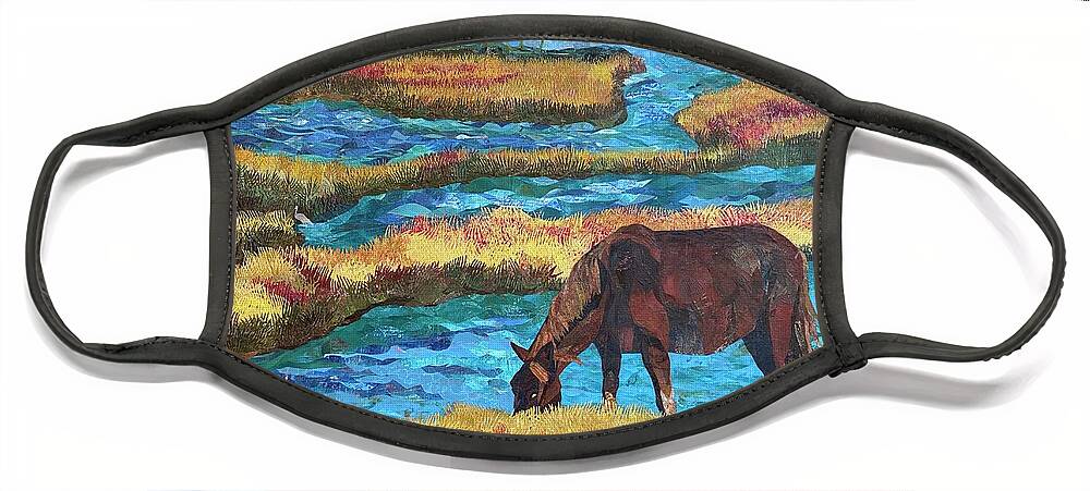Wild Horse Face Mask featuring the painting Horse Grazing by Forrest Fortier