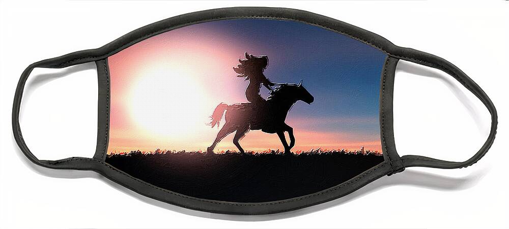 Horse Face Mask featuring the painting Horse Rider Sunset The West by Tony Rubino