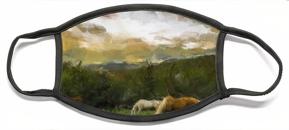 Horses Face Mask featuring the painting Horses Grazing by Gary Arnold