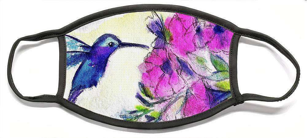 Hummingbird Face Mask featuring the painting Hummingbird at the Pink Flowers by Roxy Rich