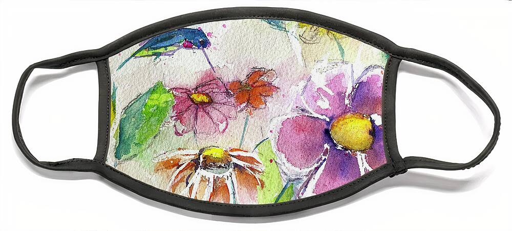 Watercolor Face Mask featuring the painting Hummingbird in the Garden by Roxy Rich