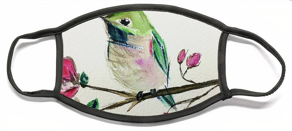 Hummingbird Face Mask featuring the painting Hummingbird on Cherry Blossoms by Roxy Rich