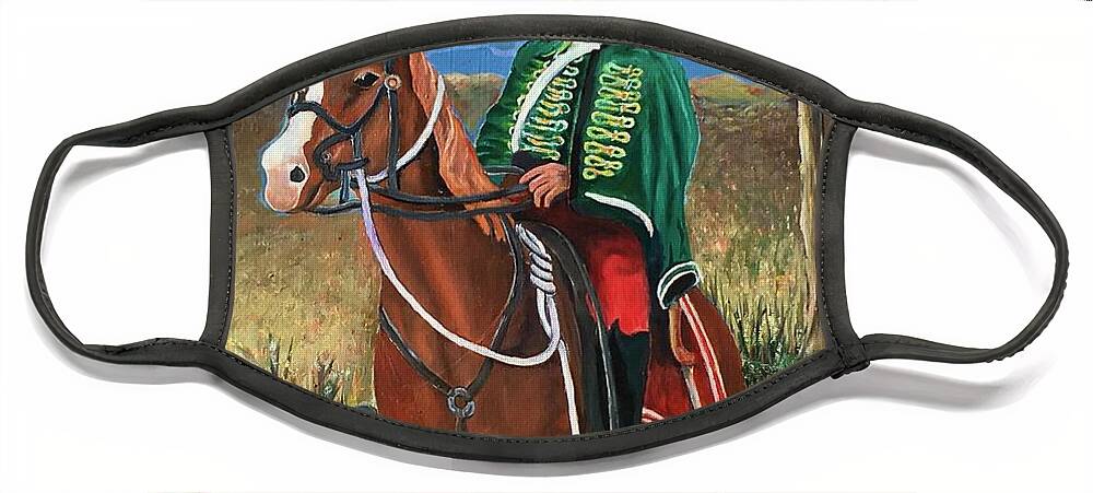 Horse Rider Face Mask featuring the painting Hussar on horse by Maria Karlosak