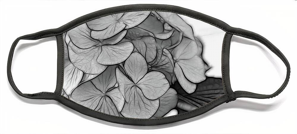 Hydrangea Face Mask featuring the digital art Hydrangea Art in Black and White by Jayne Carney