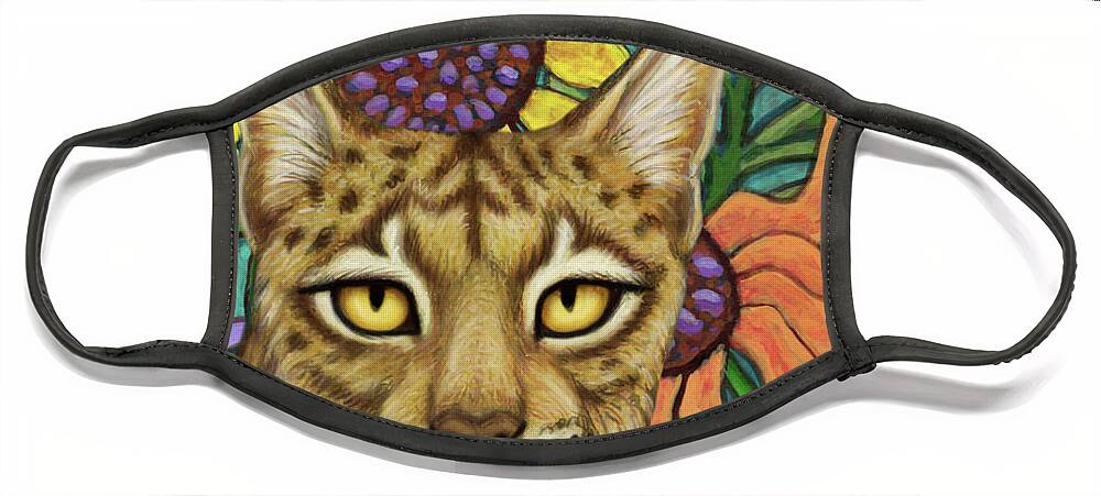 Iberian Lynx Face Mask featuring the painting Iberian Sunflower Lynx by Amy E Fraser