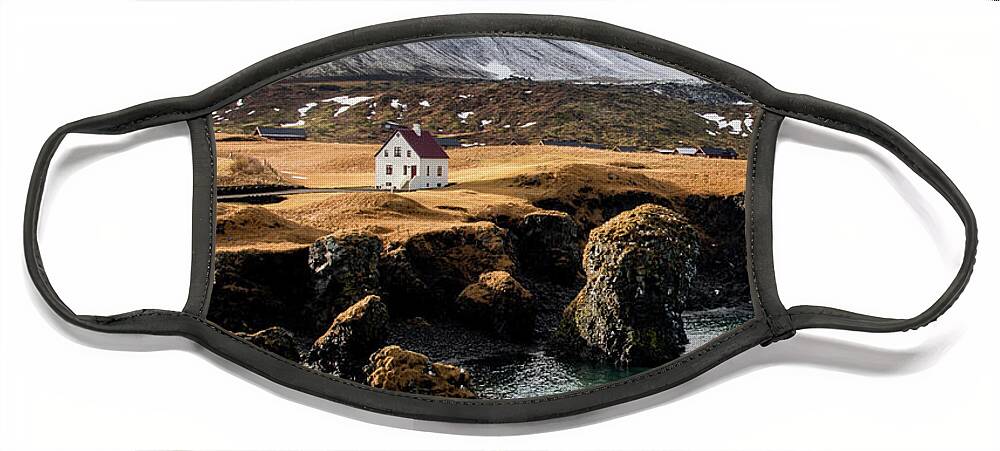 Arnarstapi Face Mask featuring the photograph Iceland landscape in winter at Arnarstapi village. by Michalakis Ppalis