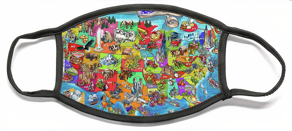 Children's Illustrated Map Of The Usa Face Mask featuring the digital art Illustrated Map of the USA by Maria Rabinky