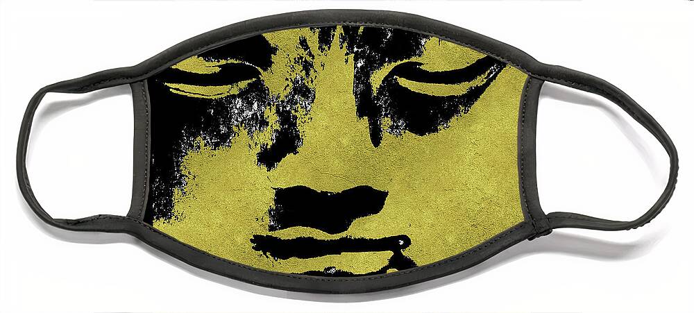 In The Shadow Of The Golden Buddha Face Mask featuring the mixed media In The Shadow of The Golden Buddha by Kandy Hurley