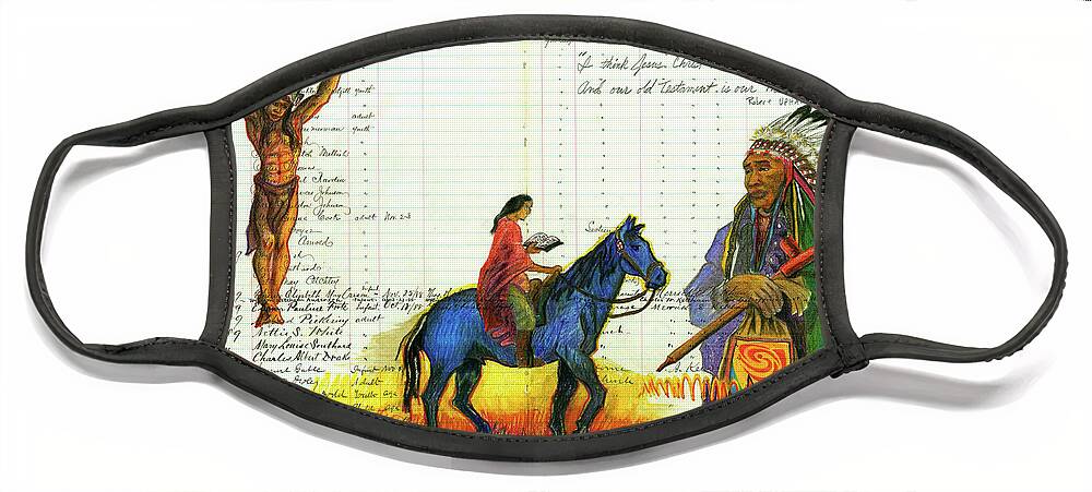Plains Indian Art Face Mask featuring the drawing Indian Baptism by Robert Running Fisher Upham