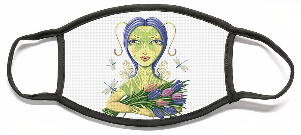 Fantasy Face Mask featuring the digital art Insect Girl, Antennette with Tulips by Valerie White