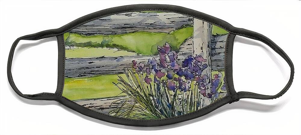 Rustic Garden Face Mask featuring the painting Irises by Sheila Romard