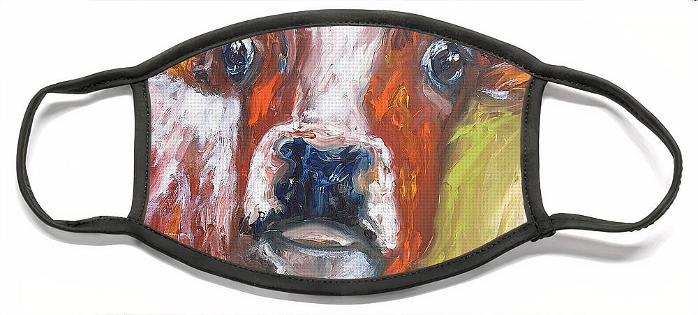 Cow Art Cow Painting Face Mask featuring the painting Irish-paintings of cows and bovine saying says hello by Mary Cahalan Lee - aka PIXI