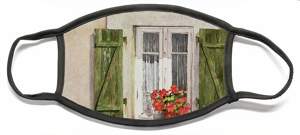 Watercolor Face Mask featuring the painting Irvillac Window by Mary Ellen Mueller Legault