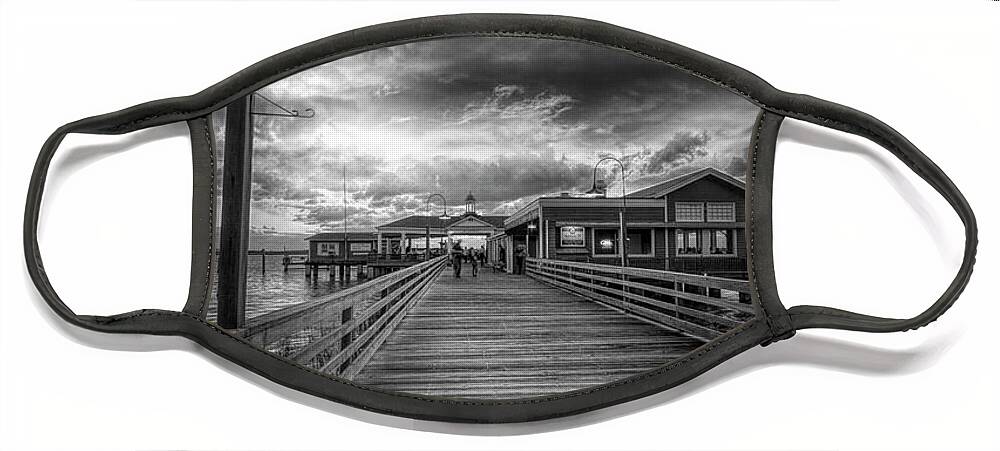 Clouds Face Mask featuring the photograph Jekyll Island Dock Lights Latitude 31 Black and White by Debra and Dave Vanderlaan