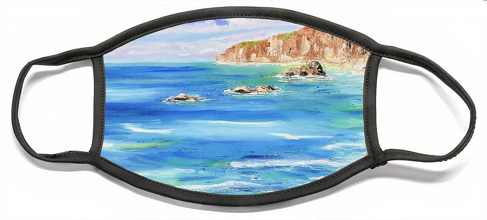 Seascape Face Mask featuring the painting Jetty at Dana Point by Mary Scott