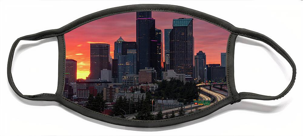 Seattle Face Mask featuring the photograph Jose Rizal Bridge Cityscape Sunset by Matt McDonald