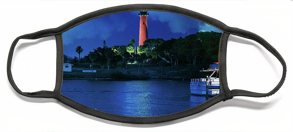 Jupiter Lighthouse Face Mask featuring the photograph Jupiter Lighthouse Night Square by Laura Fasulo
