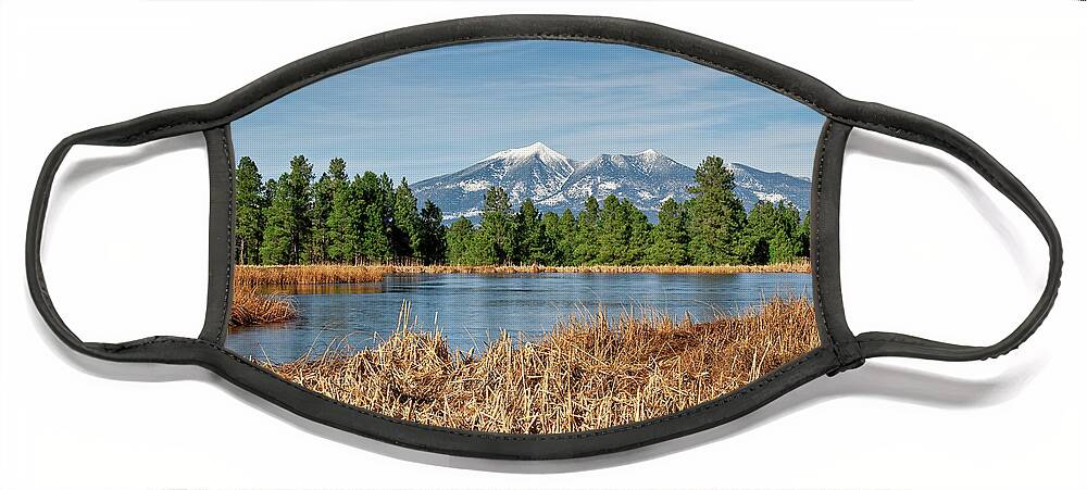 Arizona Face Mask featuring the photograph Kachina Wetlands and San Francisco Peaks by Jeff Goulden