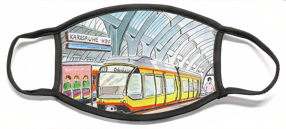 Travel Face Mask featuring the painting Karlsruhe Hauptbahnhof by Tracy Hutchinson