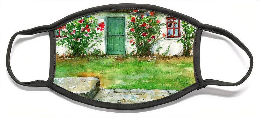 Irish Cottage Face Mask featuring the painting Kerry cottage and stone wall by Rebecca Matthews