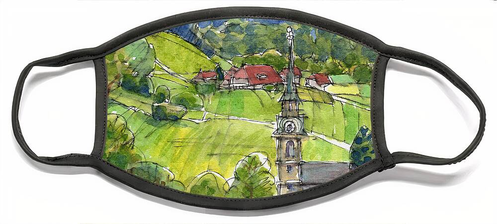 Landscape Face Mask featuring the painting Kirche in Heimiswil by Judith Kunzle