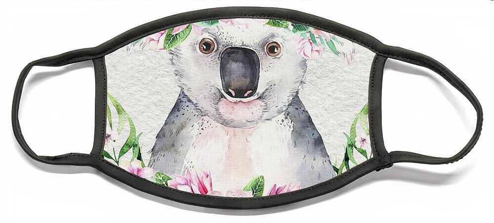 Koala Face Mask featuring the painting Koala With Flowers by Nursery Art