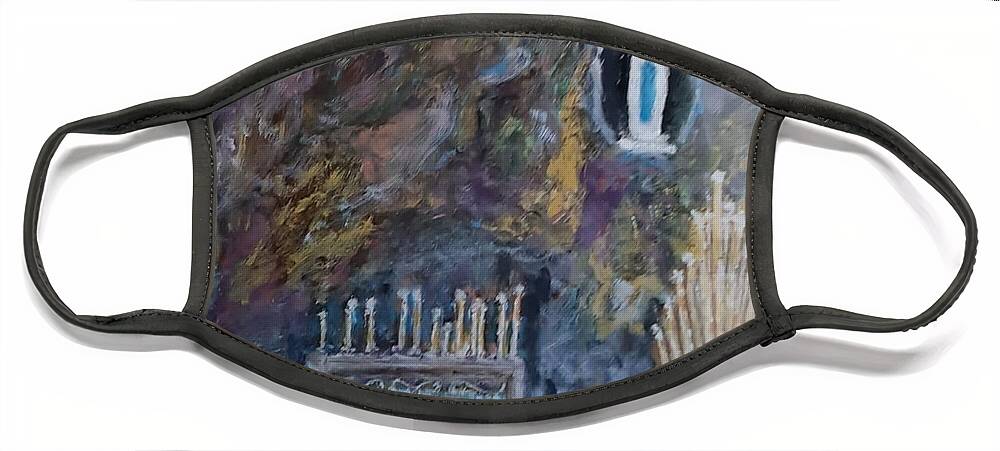 Lourdes Face Mask featuring the painting La Grotto Lourdes by Sam Shaker