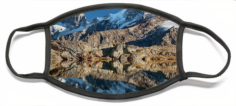 Lake Face Mask featuring the photograph La Meije peak mirrored in Lake Lerie by Olivier Parent