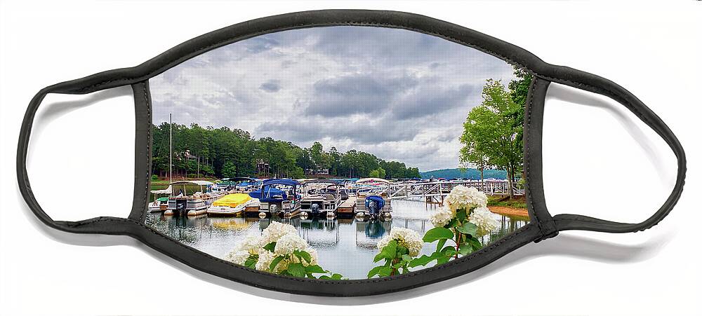 Lake Face Mask featuring the photograph Lake Keowee Flowers and Boats by Amy Dundon