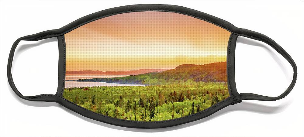 Lake Superior Face Mask featuring the photograph Lake Superior and Trans Canada Railway by Charline Xia