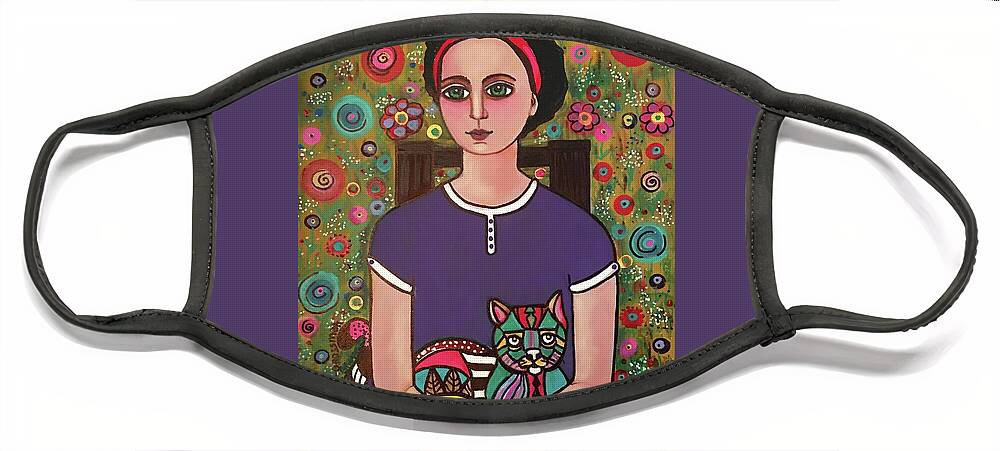 Lap At Cat Flowers Lady Klaidescope Series Face Mask featuring the painting Lap Cat by Susie Grossman