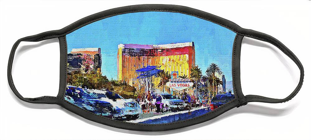 Las Vegas Welcome Sign Face Mask featuring the mixed media Las Vegas Welcome Sign on the Strip by Tatiana Travelways