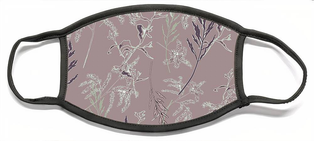 Leaves Face Mask featuring the digital art Leaf and Grass Botanical Print Pattern by Sand And Chi