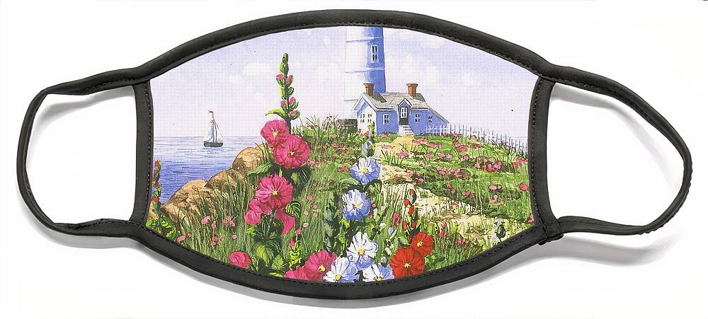 Lighthouse Face Mask featuring the painting Lighthouse and Hollyhocks by Diane Phalen