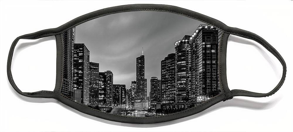 Chicago Face Mask featuring the photograph Lightning Over Chicago River Grayscale by Jennifer White