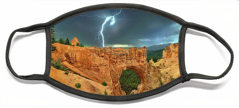 Dave Welling Face Mask featuring the photograph Lightning Over Natural Bridge Formation Bryce Canyon National Park by Dave Welling