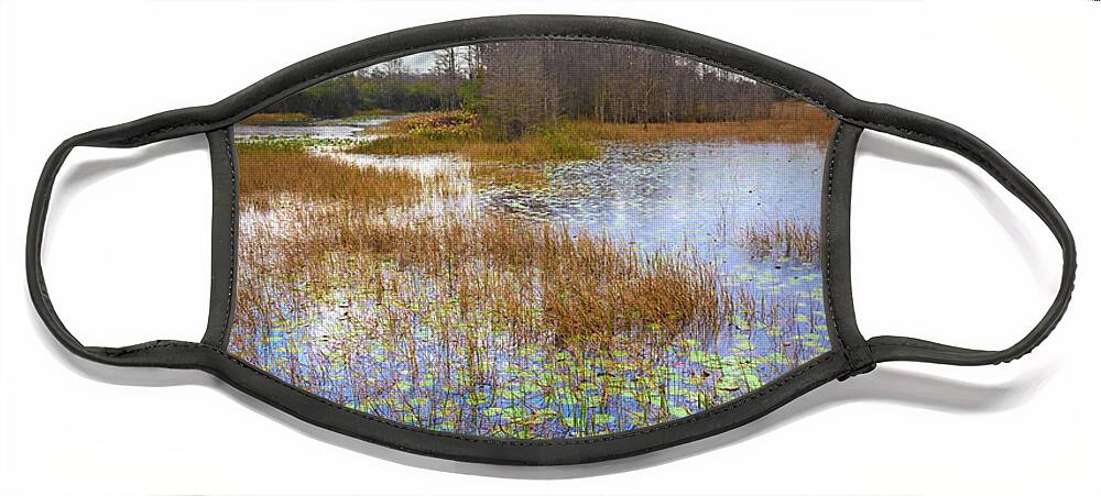 Marsh Face Mask featuring the photograph Lilypads in the Marsh Waters by Debra and Dave Vanderlaan