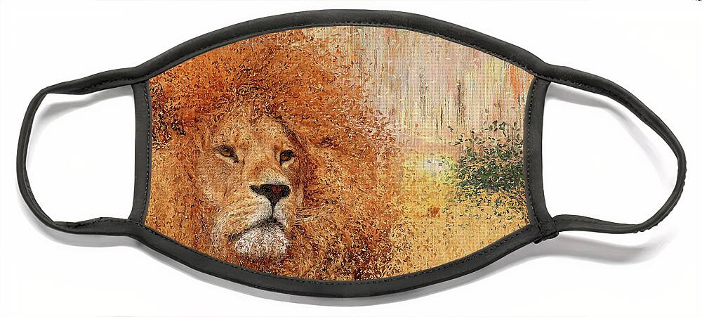Lion Face Mask featuring the painting Lion by Alex Mir