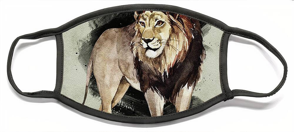 Lion Face Mask featuring the painting Lion Watercolor Animal Art Painting by Garden Of Delights