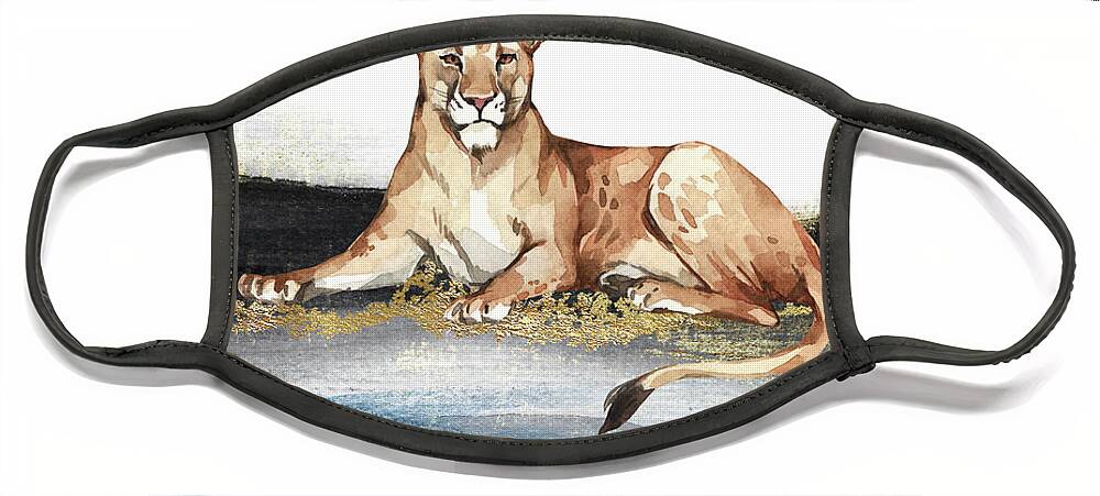 Lioness Face Mask featuring the painting Lioness Watercolor Animal Art Painting by Garden Of Delights