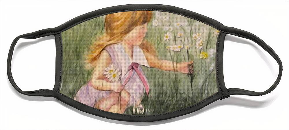 Little Girl Painting Face Mask featuring the mixed media Little Girl Picking Flowers by Kelly Mills