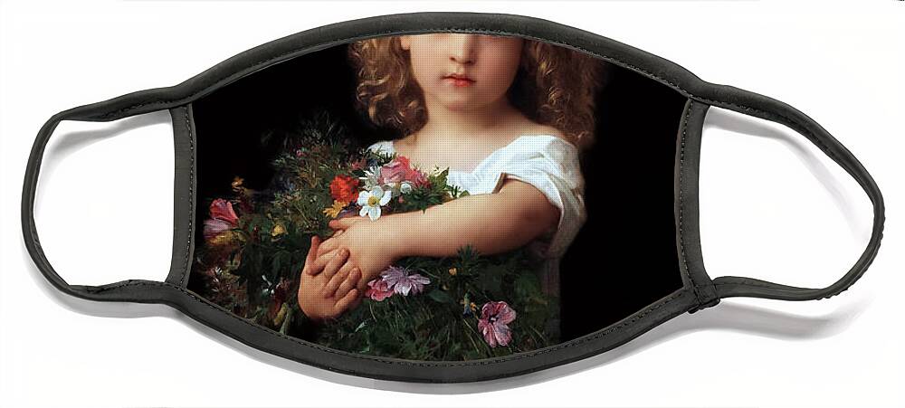 Little Girl With Flowers Face Mask featuring the painting Little Girl With Flowers by William-Adolphe Bouguereau by Rolando Burbon