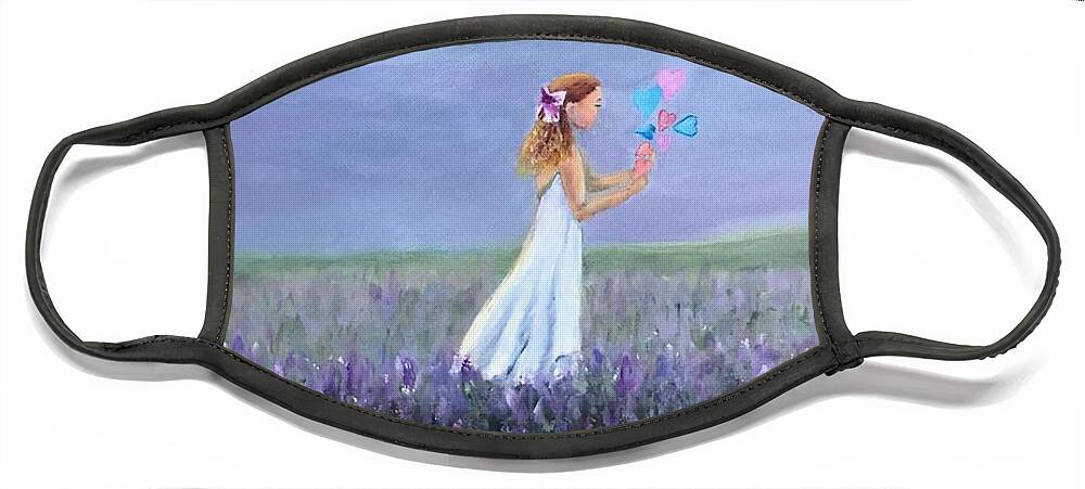 Girl Face Mask featuring the painting Little Girls, Hearts and Flowers by Deborah Naves