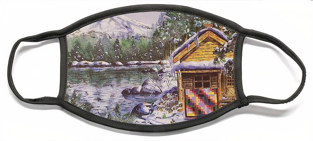 Log Cabin Face Mask featuring the painting Log Cabin Mountain Quilt by Diane Phalen