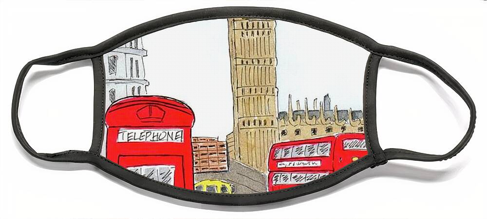 London Face Mask featuring the painting London's Red Phone Booth and Bus by Donna Mibus