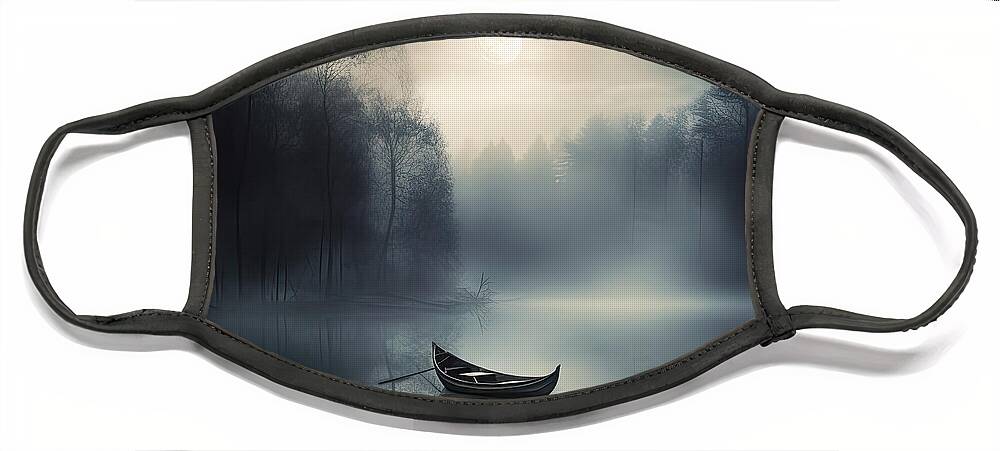 Mystery Art Face Mask featuring the painting Lone Boat in a Moonlit Mist by Lourry Legarde