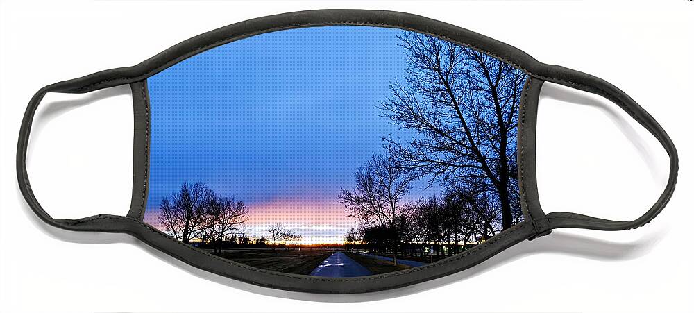 Road Face Mask featuring the photograph Long road at sunset by Lisa Mutch