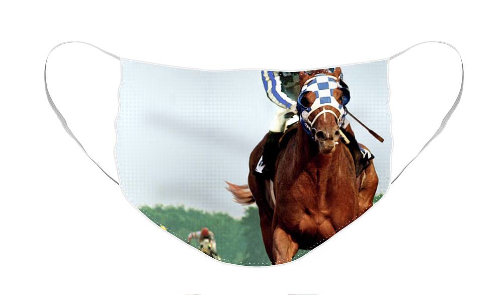 1 1/2 Mile Face Mask featuring the painting Looking Back, 1 1/2 mile Belmont Stakes Secretariat 06/09/73 time 2 24 - painting by Thomas Pollart